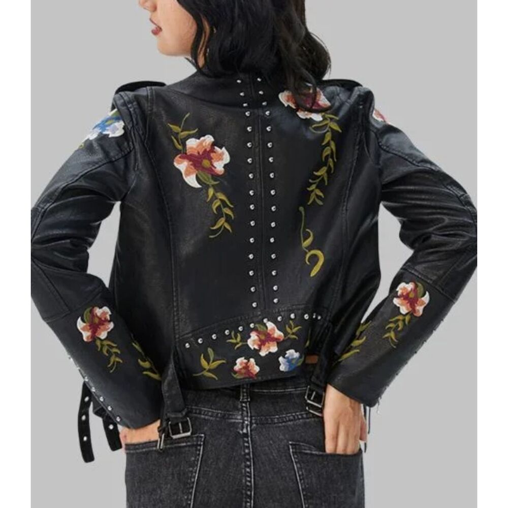 Faux Leather Biker Black Moto Jacket Floral Embroidery FLAWS Unique Approx Sz S - Picture 2 of 16